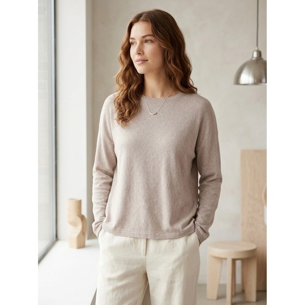 Eileen Fisher Tencel Lyocell Blend Crew Neck Sweater Tan Beige Small F18DXR